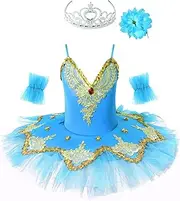 [FEESHOW] Kids Girls Sequins Ballet Dress Swan Dance Costume with Arm Sleeves Hair Clip Crown Hair Hoop Set Tutu Skirt