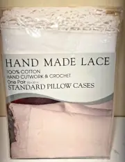 VTG Salzburg Hand Made Lace Cotton White Crochet Standard Pillow Cases Cottage