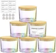 SUPMIND 16oz 3 Wick Candle Jars 6 Pack - Empty Iridescent Wide Mouth Glass Candle Making Jars with Bamboo Lids and Sticky Labels, Bulk Candle Containers for Making Candles - Dishwasher Safe