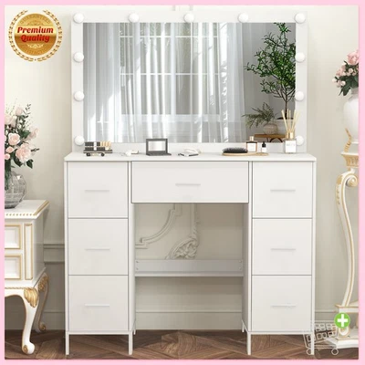 Vanity Makeup Set Table 7 Drawer Mirror LED Lights with 11 LED Dimmable Bulbs