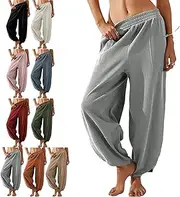 [Generic] Thneed Wrap Pants, Thneed Beach Wrap Pants, Womens Baggy Wide Leg Cotton Elastic Waisted Harem Pant Palazzo, Grey, Large