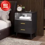 Black Bedside Table LED Lights, Charging Station, 2 Drawers & Storage Shelf