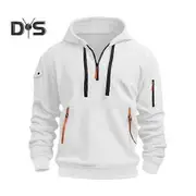 Men Fall Winter Hoodie Solid Color Drawstring Long Sleeves Half Zipper Arm Pocket Strap Decor Hooded Loose Daily Wear Casual Sport Top white M