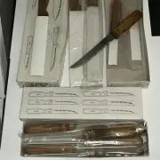 Vintage Robinson Stainless Blade Wood Handle Steak Knives Brass Rivet Set Of 10