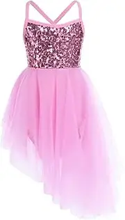 [Kvysinly] Girls Sparkly Sequined Camisole Asymmetric Ballet Tutu Dress with Chiffon Skirt Lyrical Dance Wear Costume