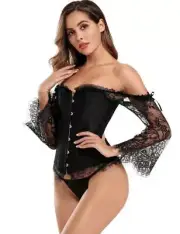 Corset Corsage Floral With Long Sleeves Lace Top Black Steampunk