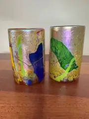 Pair of Art Glass Design Studio Blown Tumblers Irredescent Signed Bruce Stowell
