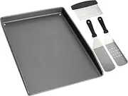 [WELL GRILL] 40 x 30 cm Cast Iron Plancha Grill Plate with Grill Spatula Set, BBQ Universal Grill Mat, Grill Tray Accessories for Enders, Weber, Landmann Gas Grills and Charcoal Grill