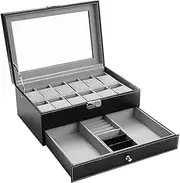 Autoark Leather 12 Watch Box with Jewelry Display Drawer Lockable Watch Case Organizer,Black,AW-001