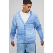 Mens Blue Oversized Boxy Ombre Stripe Knitted Cardigan