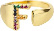 [Wozya] Rainbow Zircon Letter Rings for Women Chunky Wide Letter A-Z Stainless Steel Ring Wedding Boho Jewelry F