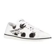 PRADA 1E617M WHITE BLACK POLKA CANVAS LOGO POINTY CAP LOW TOP SNEAKERS 38.5