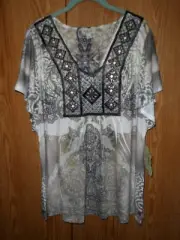 ONE WORLD FLUTTER SLEEVE NATURAL PRINT TUNIC TOP 1X NWT