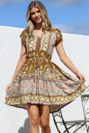 JAASE - Tracey Mini Dress: Cap Sleeve Dress with Waist Tie in Emre Print