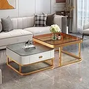 Scandinavian Style Coffee Table Set of 2, Nesting Tables for Living Room, Living Room Table, 70 * 70 * 45cm(60 * 60 * 38cm)(Color:Gold Frame+Gray Board)