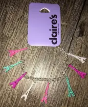 Claire’s Pink Blue Glitter Paris Eiffel Tower Charm Bracelet Jewelry