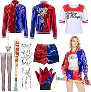 Sunshine smile Harley Quinn Costume Children, Harley Quinn Costume Women, Girls Villain Costume Kit Includes Jacket T-Shirt, Shorts and Glove Balloon Stick, Stockings Bundle for Carnival Cosplay