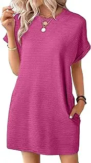 [Generic] Women's Crewneck Ribbed Mini T-Shirt Dress Summer Casual Striped Textured Dress Short Sleeve Beach Sundress