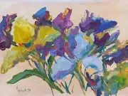 Purple and yellow irises, impressionism oil painting 12x8 inches on carton