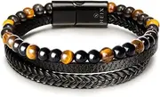 [Generic] Mens Multilayer Natural Tiger Eye Stone Bead Braised Leather Bracelet Magnetic Stainless Steel Clasp in Black Gift Idea for Men & Boys Jewelry