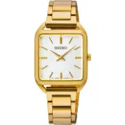 Seiko Essentials SWR078P1 Gold Watch, Angular Dial, White Waffle Pattern, Quartz