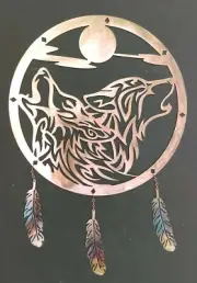 Howling Singing Wolves Plasma Metal Art w/ Feathers Sign Home Decor Dreamcatcher
