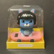 Solar Powered Dancing Bobble Head Toy - Blue Cat On Pink Skateboard