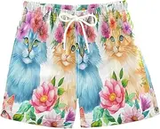 [RPLIFE] Swimming Trunks for Kids, Anti Chafe Swim Trunks for Boys 2 T, Flowers Blue Orange Cats