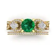 2 CT Round Cut Pear 3 stone Emerald Stone Ring bridal Set 14k Yellow Gold