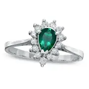 Pear-Shaped Emerald and 0.14 CT. T.W. Natural Diamond Frame Engagement Ring in Solid 14K White Gold