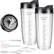 [Revorit] Blender Replacement Parts for Ninja, 2 24oz Cups with To-Go Lids, 7 Fins Extractor Blade, for Nutri Ninja Auto iQ BN801 BL480-30 BL640-30 BL642-30 NN100-30 BL2012 (2 Pack)