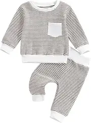 [MERSARIPHY] Toddler Baby Boy Clothes Fall Winter Outfit Waffle Color Block Sweatshirt Pullover Tops Pants Set Knit Clothing