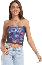 [RPLIFE] Boho Owl Dreamcatcher Feathers Womens Tube Top Mesh Tube Tops, Strapless Tank Top, Womens Summer Clothes (S)