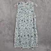 Faherty Isha Dress M Dreamer Floral Blue Cream Linen Boho Natural Pintuck New