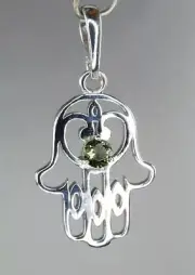Faceted MOLDAVITE Hamsa Hand Symbol Sterling Silver Pendant | COA & Gift Box #pw