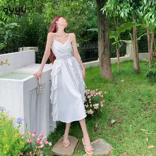女神長洋裝2023夏季新款細肩帶無袖露背白洋裝彈力鬆緊傘裙禮服
