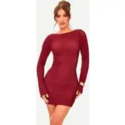 Burgundy TextuBurgundy Backless Tie Bodycon Dress, Burgundy