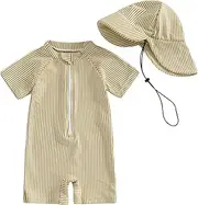 [Nibbcoa] Toddler Baby Boys Seersucker Short Sleeve One Piece Rash Guard Swimsuit Zipper Bathing Suit Swimwear with Hat