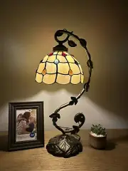 Tiffany Style Table Lamp Gold Stained Glass Crystal Beans LED Bulb 21'H*11"W*8"D