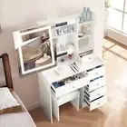 Vanity Set with LED Makeup Sliding Mirror Dressing Table + 6 Drawers Stool Set