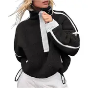 Nevenka Womens Fleece Sweatshirts Half Zip Workout Crop Tops with Pockets-Black