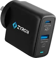 [Zyron] 65W USB C Charger, PD3.0 QC4 Fast Charging GaN Charger, 2 Ports USB Charger (USB-C & USB-A), Compact AU Plug Adapter, Wall PD Charger for MacBook Pro/Air, iPhone 16, iPad, Galaxy S25, Pixel 9