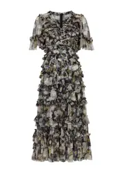 Needle & Thread Moonlight Petals Floral-print Tulle Midi Dress - Black - 14 (UK14 / L) 14 (UK14 / L)
