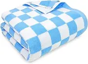 Checkered Beach Towel Blue & White - Extra Large 35" x 70" for Family, Cotton Lightweight Cute Pool Towel for Bathroom, Travel, Beach Essentials