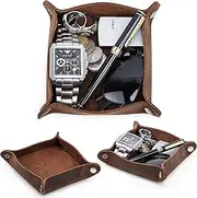 [CataPurus] Top Grain Leather Desk Valet Tray Organizer for Man & Woman, Handmade Vintage Design, Foldable Design with Snap Buttons, Office Capacity Organizer Storage for Wallets/Watches/Keys/Coins, Coffee, Small