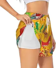 [WURTON] Cactus Hat and Chili Pepper Print Exercise Gym Workout Shorts Women's Athletic Shorts Dual-Layered Yoga Running Shorts