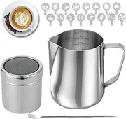LONGCHANX Milk Frothing Pitcher, 600ml (20 Oz) Stainless Steel Milk Frother Steamer Cup Stainless Steel Espresso Cup with Latte Art Pen & Powdered Sugar Shaker Duster (20oz)