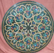 Green Marble Center Table Top Semi Precious Gemstone Inlay Work Dining Table