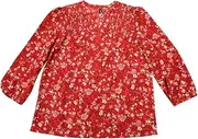 [Allegra K] V Neck Floral Shirt for Women's 3/4 Sleeve Smocked Front Button Up Casual Summer Blouse Top