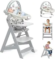 Baby High Chair with Infant Bouncer & Tray, Adjustable Wooden Highchair for Babies/Toddlers/Adults, 5-Point Harness & Soft Cushion Removable Seat & Tray for Easy Clean, Grey